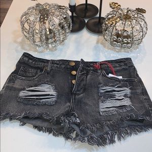 New! Dark wash mid rise frayed shorts